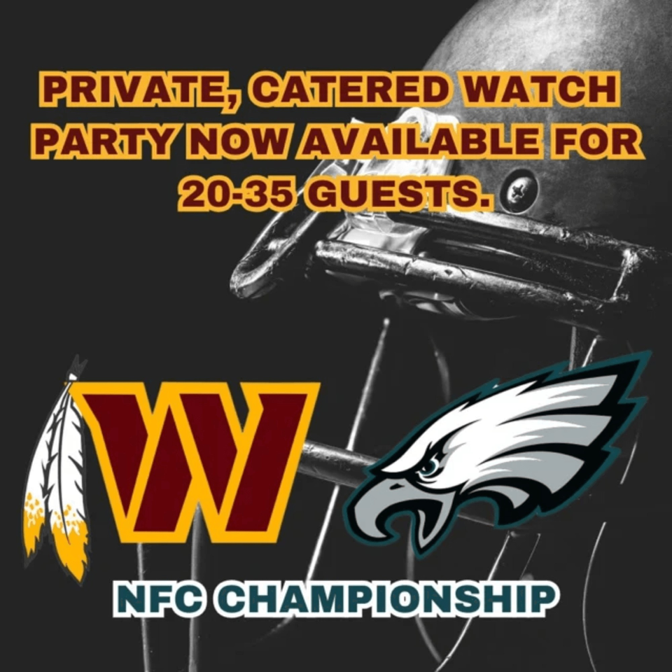 Football helmet with Washington Commanders and Philadelphia Eagles logos, advertising a private catered watch party.