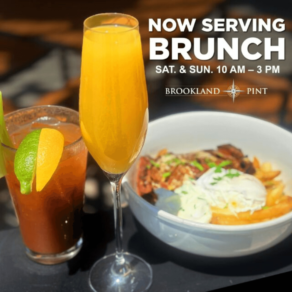 Brookland Pint brunch with a mimosa, Bloody Mary, and a bowl of breakfast poutine.