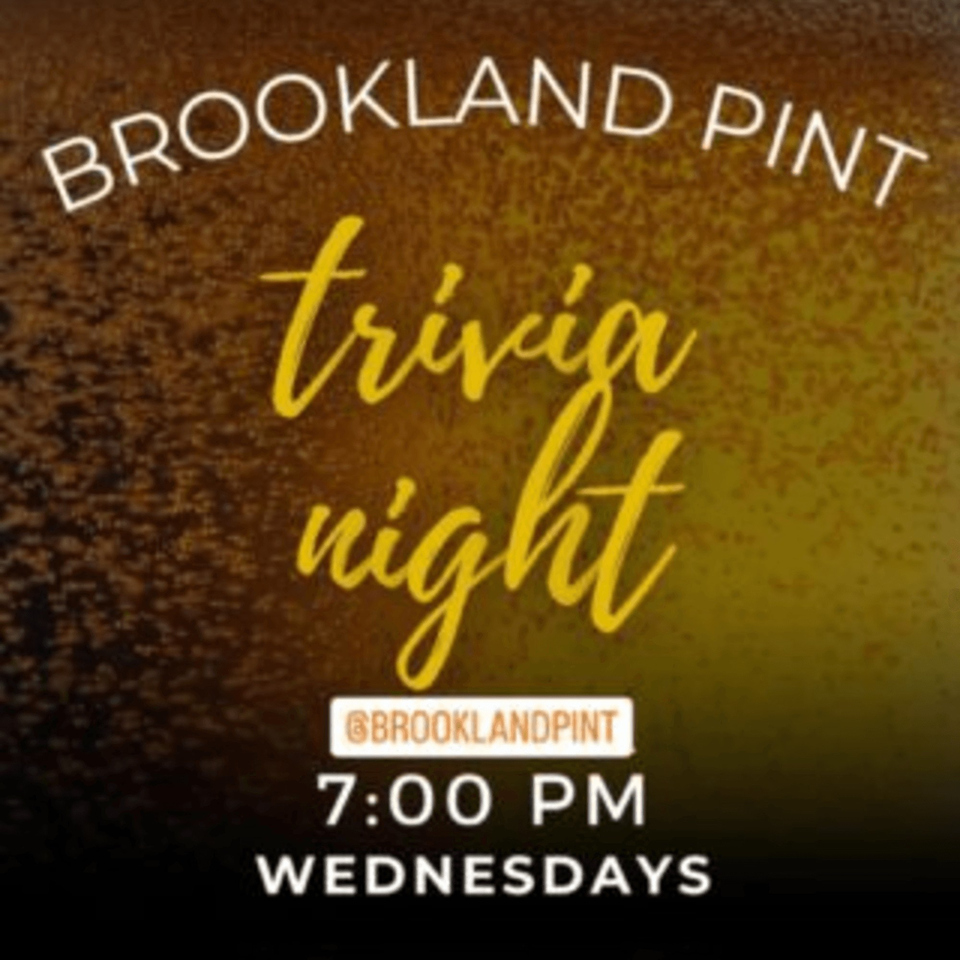 Brookland Pint trivia night advertisement with event details on a dark, bubbly background.
