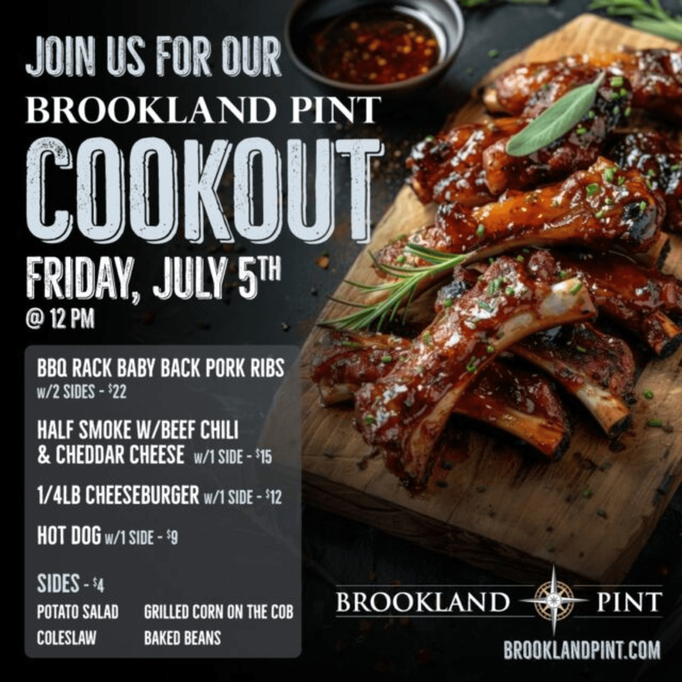 Brookland Pint cookout flyer with BBQ ribs, sauce, and menu details on a dark background.