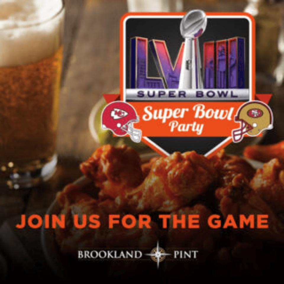 Super Bowl party graphic with beer, chicken wings, and team helmets for Brookland Pint.
