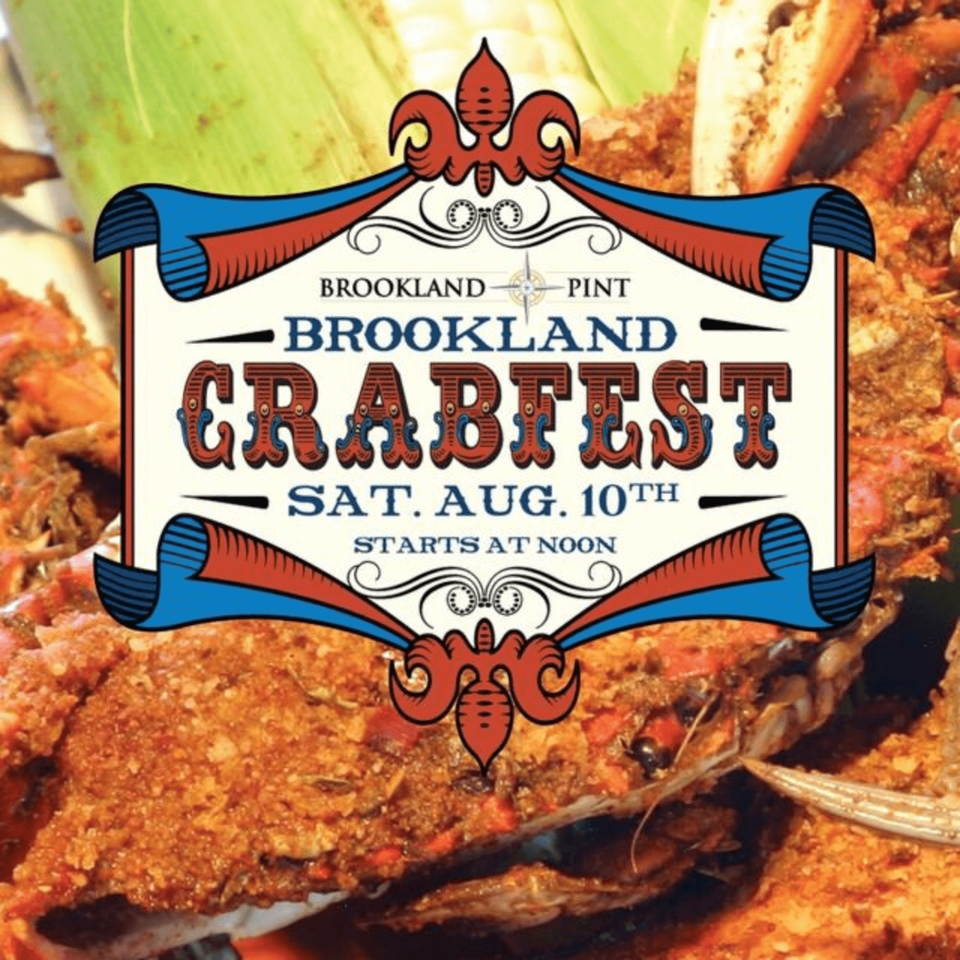 Brookland Crabfest event poster with text overlaying seasoned crabs and corn.