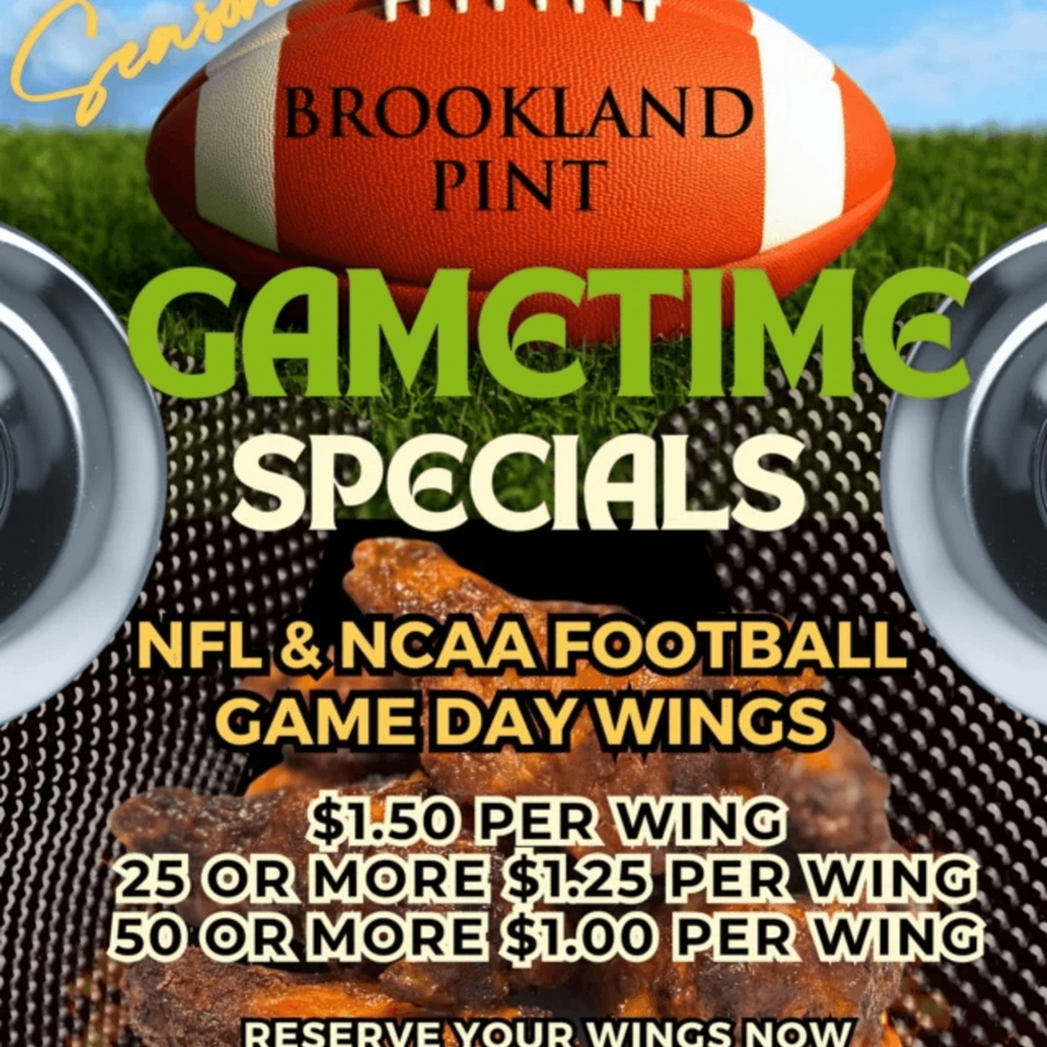 Brookland Pint's "Gametime Specials" ad with a football, speakers, and chicken wings.