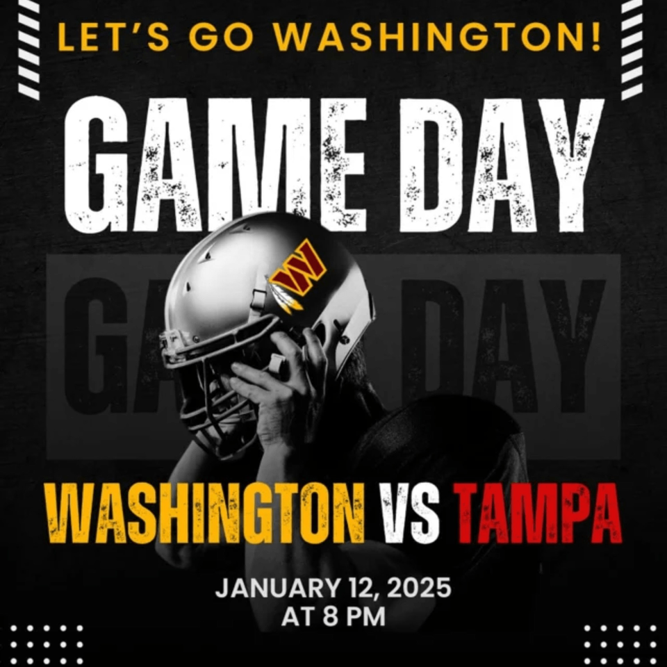 Game Day poster for Washington vs. Tampa, featuring a football helmet and game details.